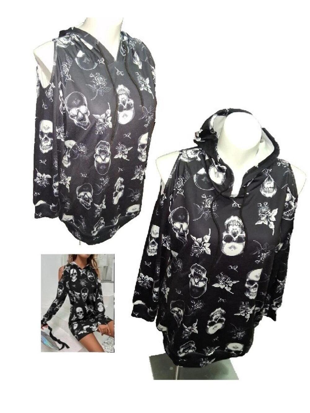 NEW Skull & Crossbones Hooded Cold Shoulder Plus Size Dress Gothic Punk Stretch